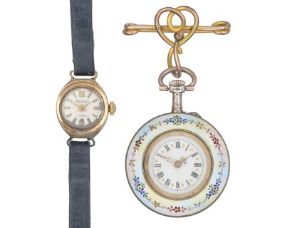 Lot 1198 - A 9ct lady's manual wind wristwatch and a Swiss enamel lady's fob watch.