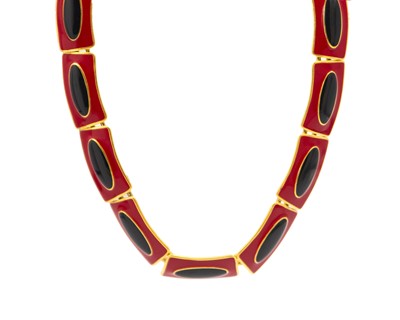 Lot 55 - A gilt-metal and enamel panel necklace by Monet.