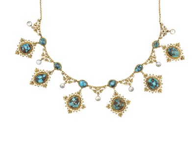 Lot 36 - A 19th-century Etruscan Revival gold filigree turquoise and mother-of-pearl set fringe necklace.