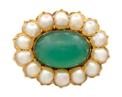Lot 18 - An apple-green chrysoprase and split pearl cluster brooch set in high purity gold.