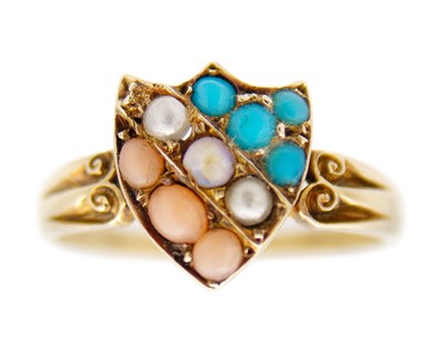 Lot 74 - A 19th-century high-purity gold shield-shaped coral, pearl, and turquoise set ring.