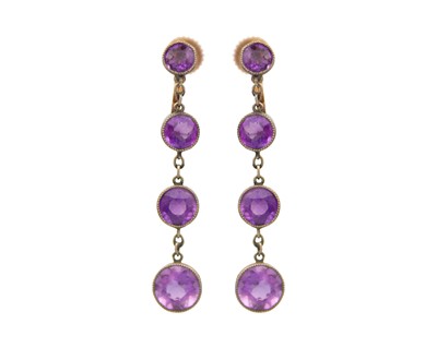 Lot 67 - A pair of 9K gold and silver amethyst set pendant earrings by Murrle, Bennett & Co.