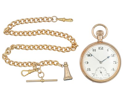 Lot 1133 - A gold-plated keyless wind lever pocket watch with a rolled gold Albert watch chain.