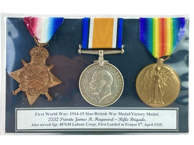 Lot 538 - WWI trio Awarded to 2332 acting Corporal later acting Sgt James R Hayward Rifle Brigade.