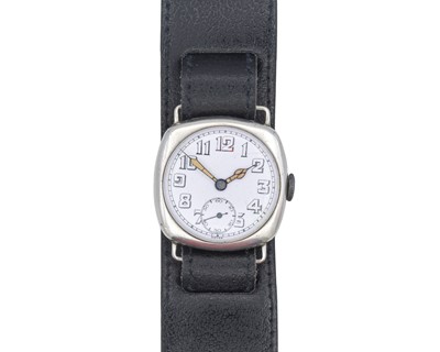Lot 1042 - A WWI silver cushion-cased officers trench wristwatch.