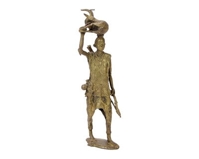 Lot 170 - A 20th century African bronze figure of a hunter carrying an antelope and a bow.