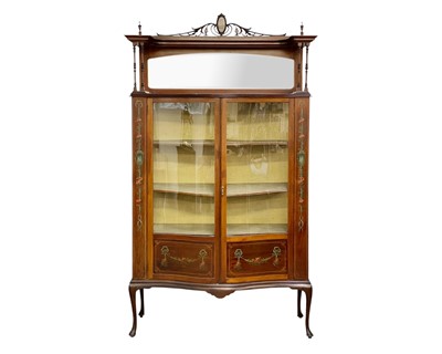 Lot 442 - A late Victorian mhogany, inlaid and painted display cabinet.
