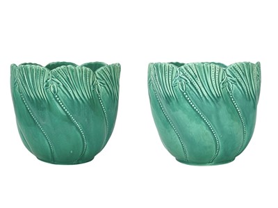 Lot 239 - A pair of French turquoise glazed pottery jardinieres.