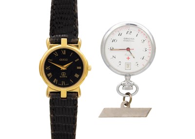 Lot 78 - A Gucci lady's gold plated quartz wristwatch and a Oriosa nurses quartz watch.