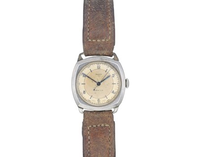 Lot 1077 - ZENITH - A 1930's stainless steel cushion cased gentleman's manual wind wristwatch.