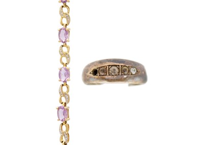 Lot 73 - A 9k amethyst and diamond set bracelet, and a 9k gold paste ring, broken.