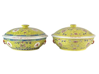 Lot 713 - A Chinese yellow ground famille rose bowl and cover.