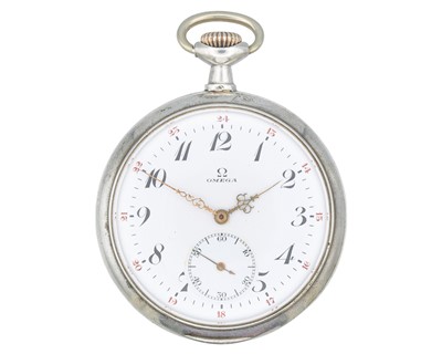 Lot 1141 - OMEGA - A silver cased keyless wind open face lever pocket watch.