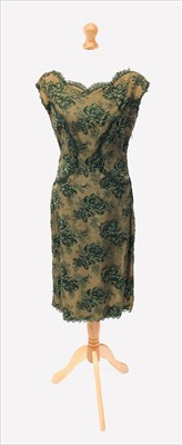 Lot 2801 - A vintage olive green silk lined lace dress,...
