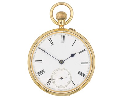 Lot 1114 - An 18k keyless wind open face lever pocket watch.