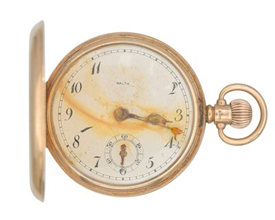 Lot 1193 - WALTHAM - A 'Traveler' 9k full hunter keyless wind pocket watch for repair or spares.