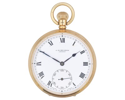 Lot 1120 - J W BENSON - A 9k gold keyless wind lever pocket watch