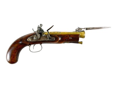 Lot 204 - A flintlock blunderbuss pistol with Sprung Bayonet.