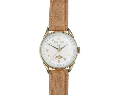 Lot 1007 - EBEL - A gold-plated triple calendar moon-phase manual wind gentleman's wristwatch.