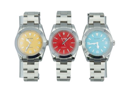 Lot 1025 - BLIGER - Bliger - Three stainless steel automatic gentleman's bracelet wristwatches.