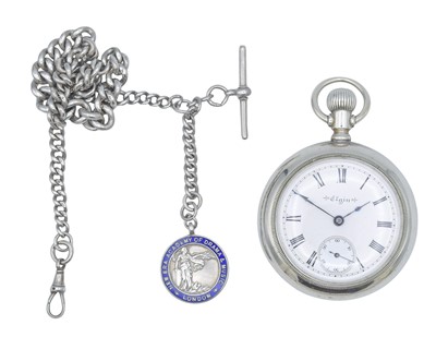 Lot 1127 - ELGIN - A silveroid case keyless wind pocket watch with silver graduated Albert watch chain.