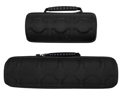 Lot 1146 - Two black fabric wristwatch cases with carry handles and zips.