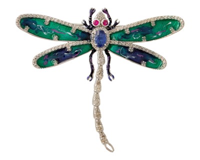 Lot 107 - An unusual silver kyanite, diamond, and ruby set, enamel decorated dragonfly brooch.