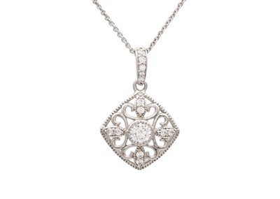 Lot 115 - An ornate square silver CZ pendant on a fine cable link chain.