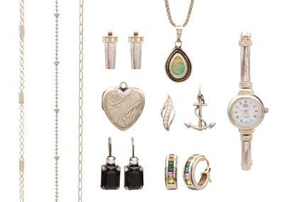 Lot 114 - A selection of silver and white metal costume jewellery.