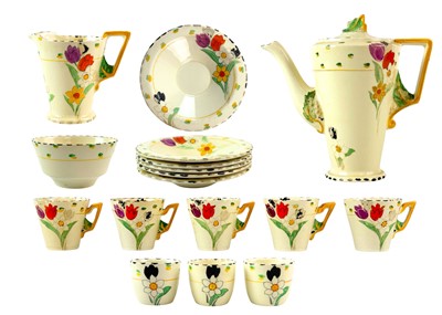 Lot 434 - A 1930s Art Deco Burleigh Pottery 'Zenith' shape coffee set in the 'Fragrance' pattern.