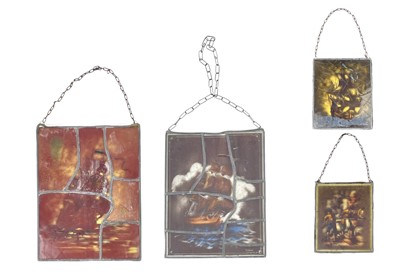 Lot 334 - Four handpainted leaded glass panels.