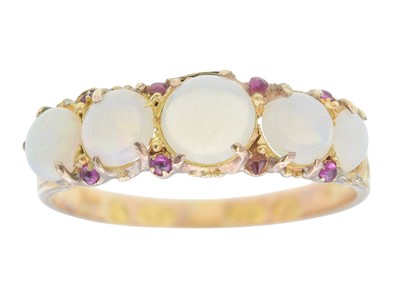 Lot 68 - A Victorian 15k gold five-stone opal and ruby set ring.