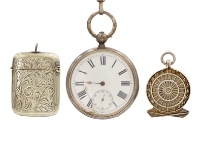Lot 1170 - A silver key wind pocket watch, silver Albert, nickel vesta case fob and silver darts fob.