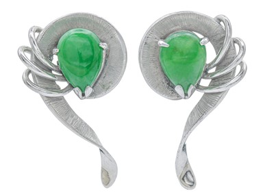 Lot 63 - A pair of 14k white gold jadeite jade set stud earrings.