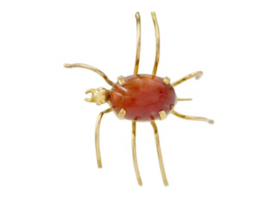 Lot 72 - An 18k gold carnelian spider brooch.