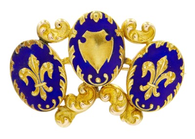 Lot 77 - A high purity gold and enamel The Prince of Wales three feather brooch.