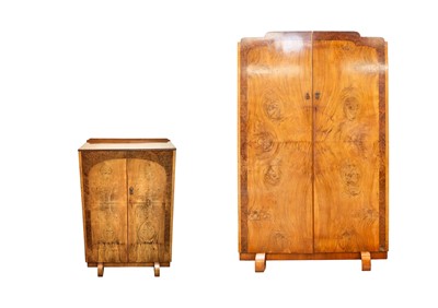 Lot 518 - An Art Deco walnut and crossbanded wardrobe and a matching tallboy chest.