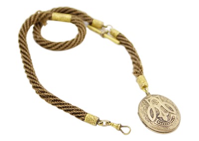 Lot 1154 - A Victorian plaited hair pocket watch Albert, with gold-plated mounts & high purity pendant locket.