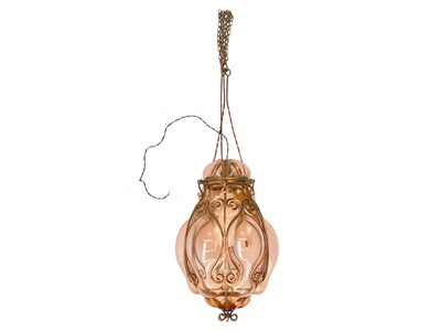 Lot 490 - A Murano type blown glass and copper pendant light fitting.