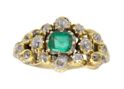 Lot 79 - A Victorian high purity gold emerald and diamond set ring.