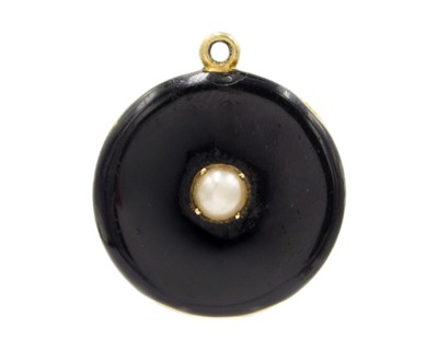 Lot 114 - A Victorian high-purity gold, cultured pearl, and black enamel mourning locket pendant.