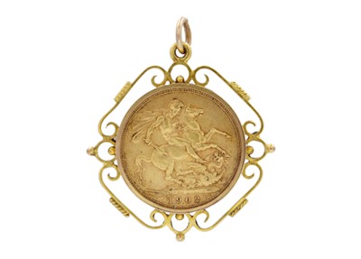 Lot 92 - A gold-mounted full sovereign coin pendant.