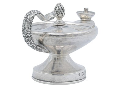 Lot 2 - A Victorian silver cigar lamp with a cast serpent handle, by Joseph Braham.