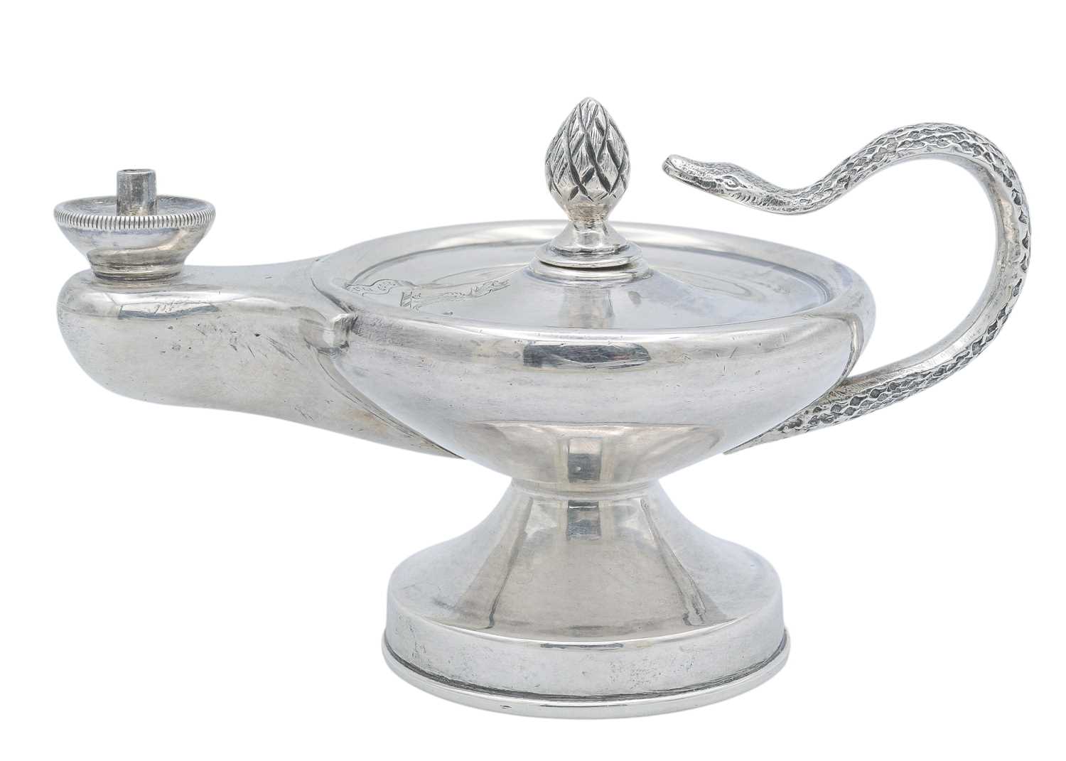 Lot 2 - A Victorian silver cigar lamp with a cast serpent handle, by Joseph Braham.