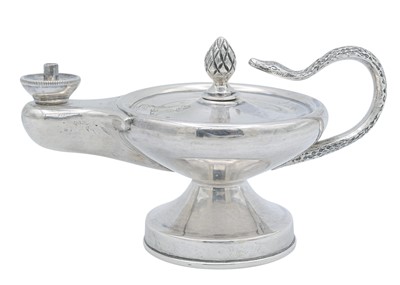 Lot 2 - A Victorian silver cigar lamp with a cast serpent handle, by Joseph Braham.