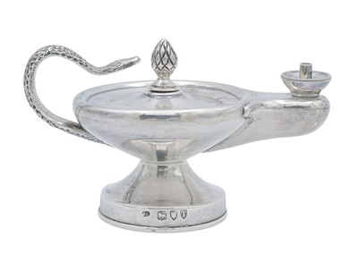 Lot 2 - A Victorian silver cigar lamp with a cast serpent handle, by Joseph Braham.