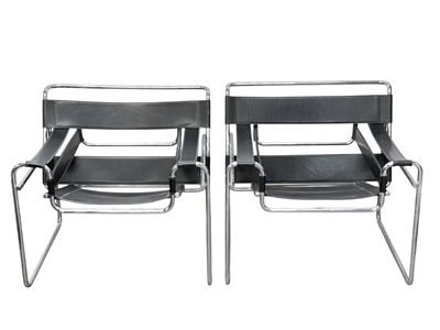 Lot 395 - A pair of Wassily type chrome and black leather armchairs.