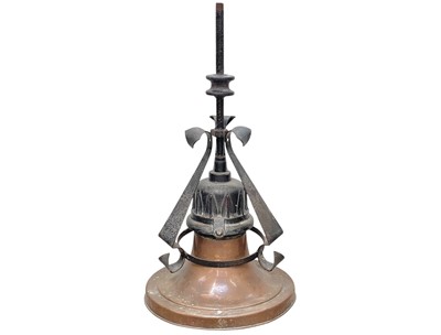 Lot 169 - An Art Nouveau copper, wrought, and cast iron commercial hanging light pendant.