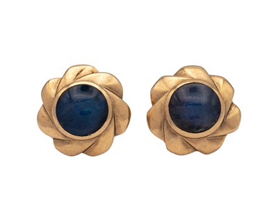 Lot 162 - A pair of 9k gold labradorite set stud earrings.