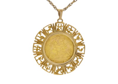Lot 158 - A 1967 full sovereign gold coin 9k mounted zodiac pendant necklace.